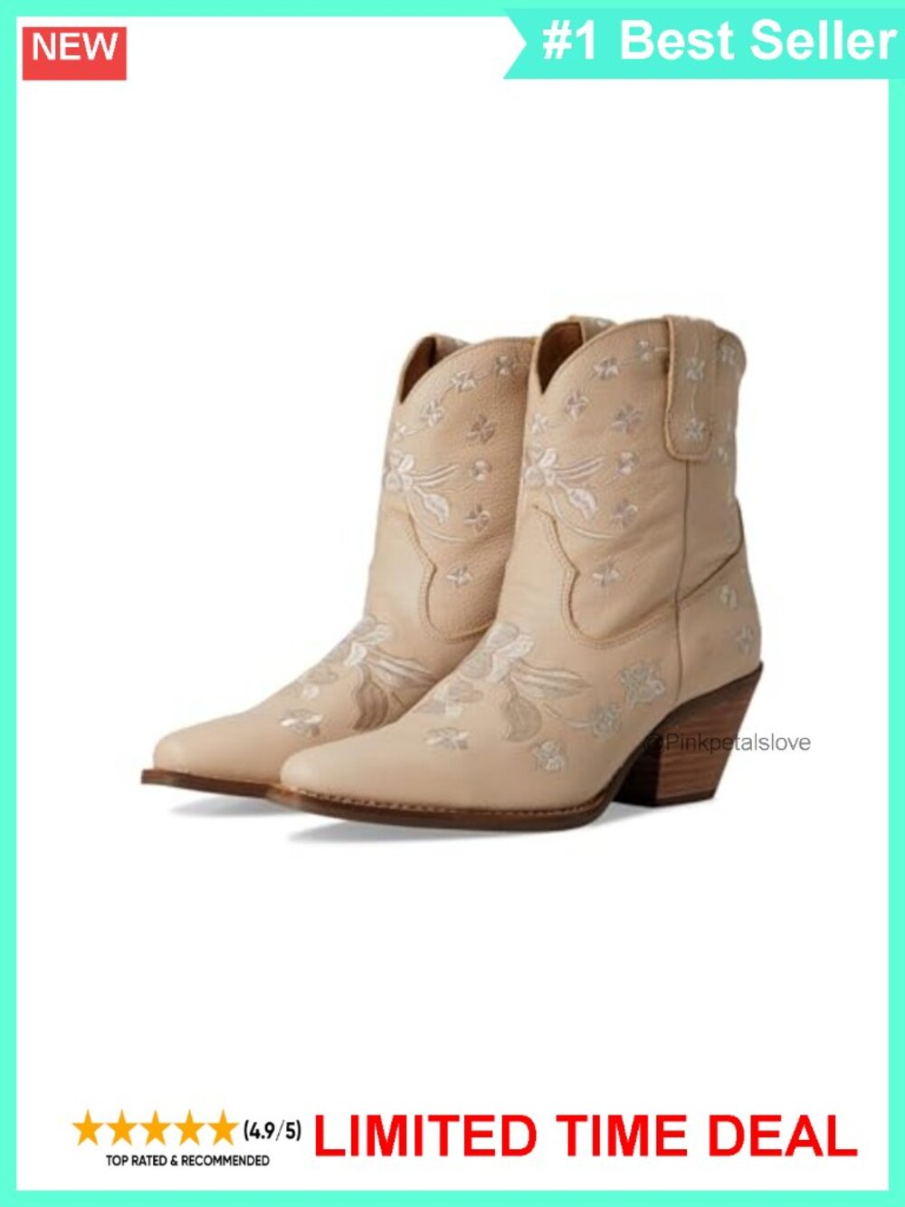 Sweetheart Floral Embroidered Snip Toe Pull On Leather Ankle Boots Mid Heel